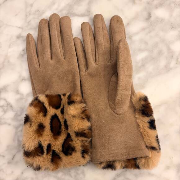 Faux Suede Gloves Leopard Print Faux Fur Cuffs Mob Wife Old Money 90s Luxury S-M - Picture 4 of 7